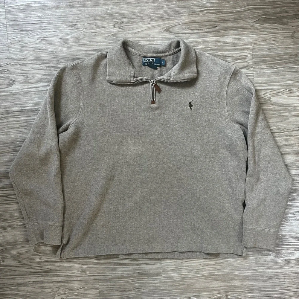 Polo Ralph Lauren Mens Quarter Zip Pullover Sweater Taupe Brown Cotton Large